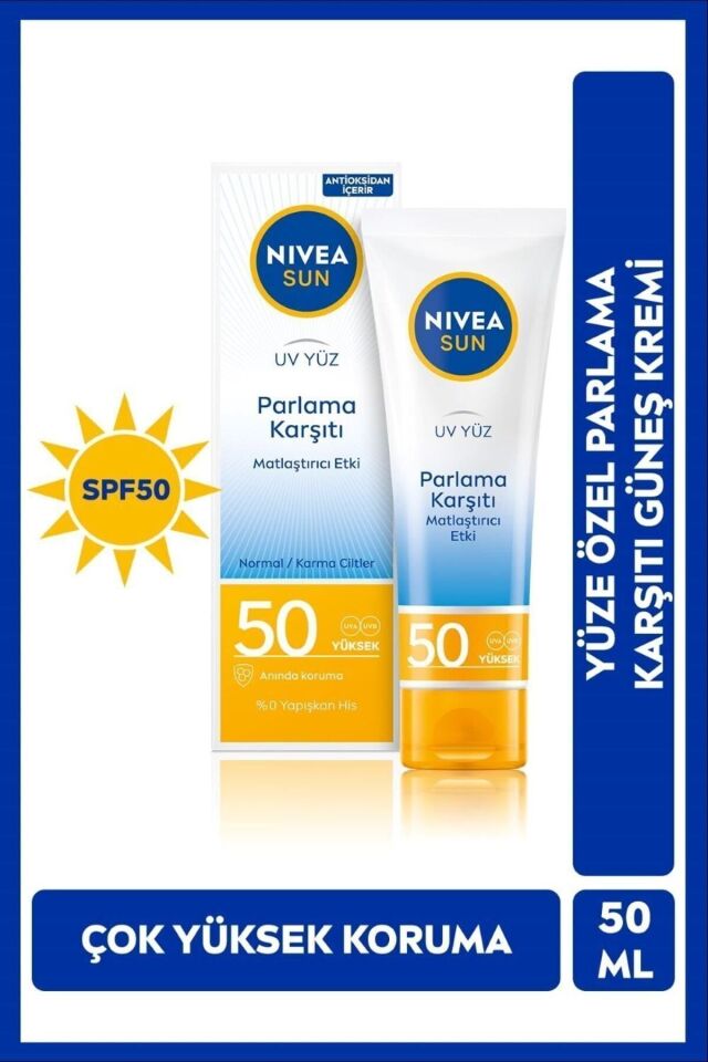 Sun SPF50 Parlama Karşıtı & Güneş Koruyucu Yüz Güneş Kremi 50 ml, Matlaştırıcı Etki