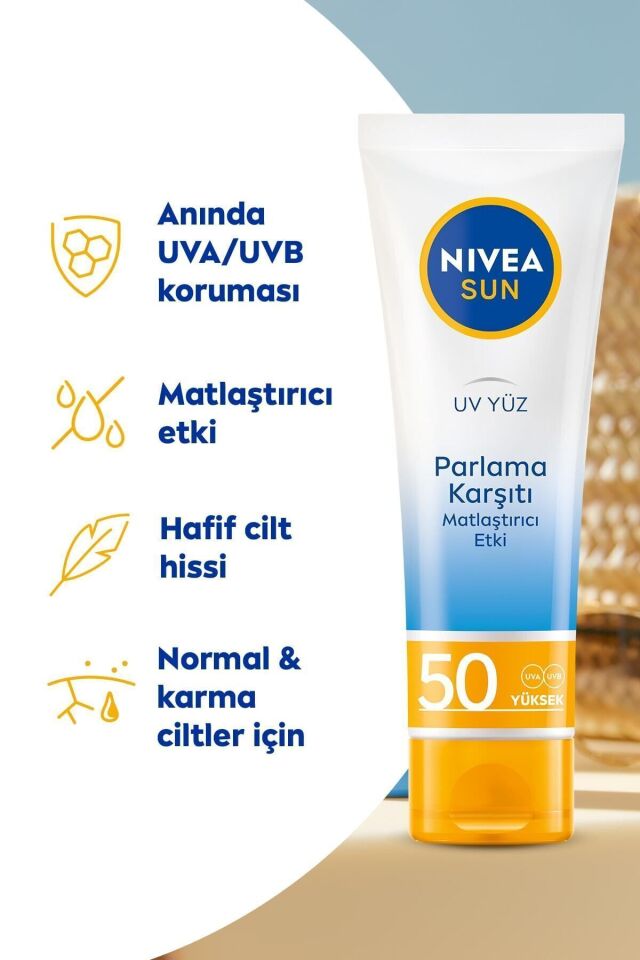 Sun SPF50 Parlama Karşıtı & Güneş Koruyucu Yüz Güneş Kremi 50 ml, Matlaştırıcı Etki