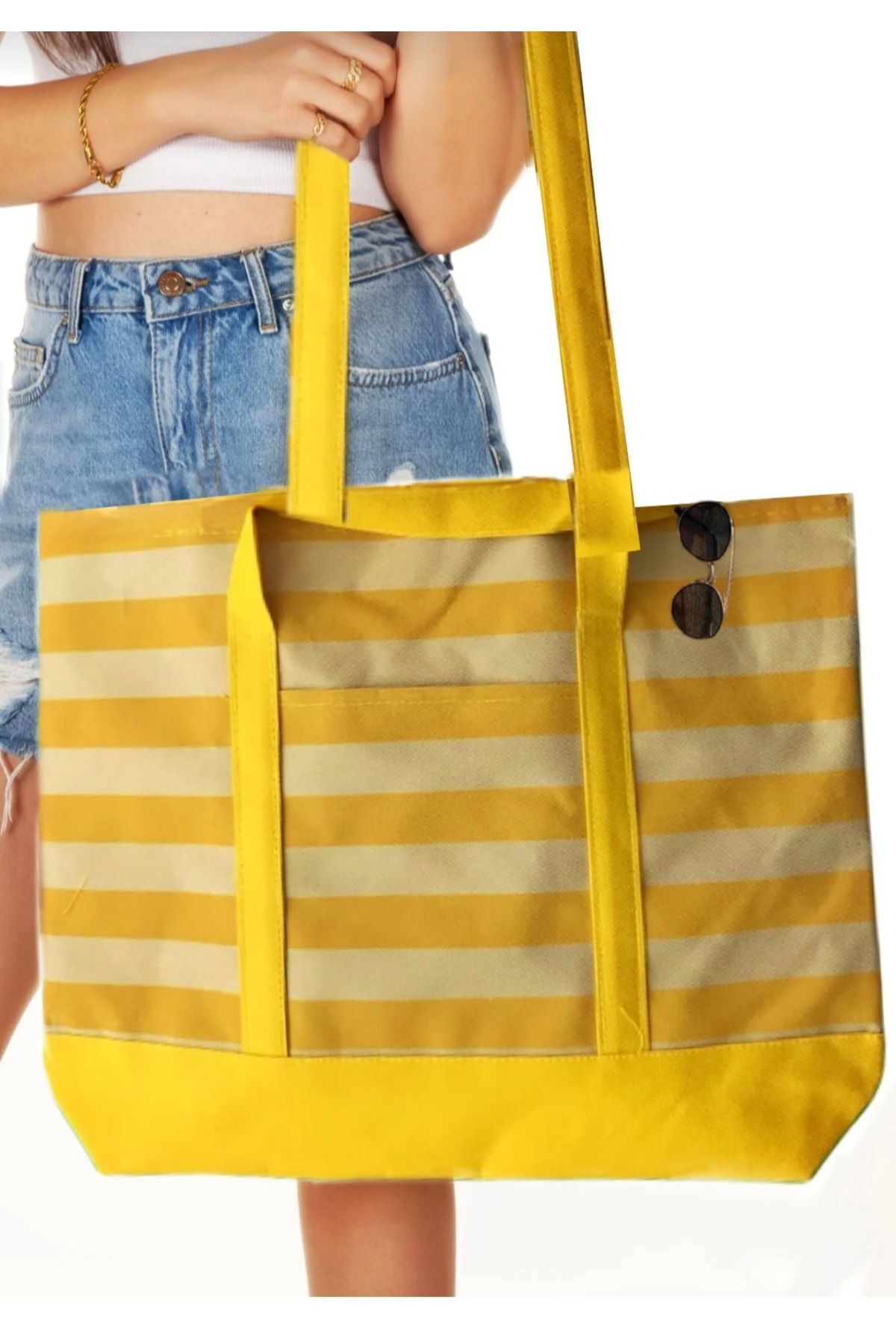 Butik Sarı Çizgili Plaj Çantası 3 Cepli