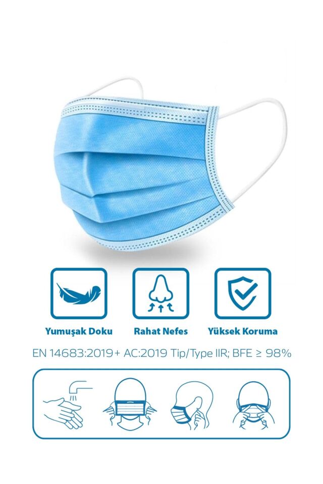 2 Kutu Filtreli 3 Katlı Lastikli B-good Cerrahi Maske ( 5'li paketlenmiş)