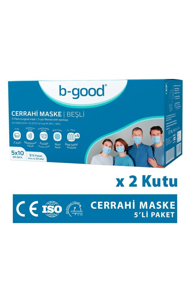 2 Kutu Filtreli 3 Katlı Lastikli B-good Cerrahi Maske ( 5'li paketlenmiş)
