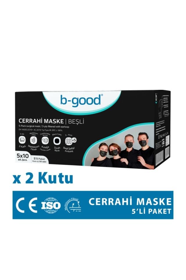 2 Kutu Siyah Renk Filtreli  3 Katlı Lastikli Cerrahi Maske ( 5'li paketlenmiş)