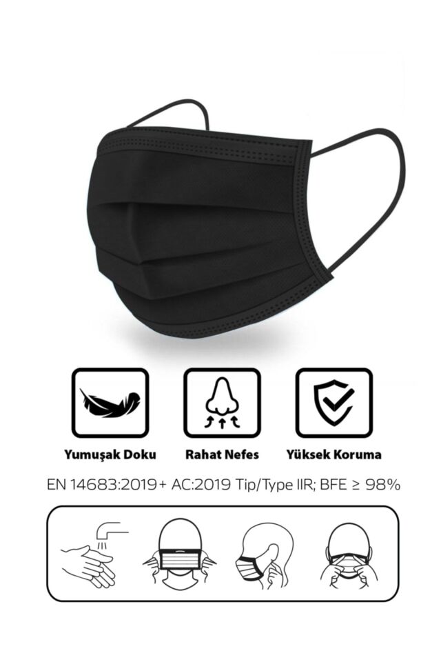 2 Kutu Siyah Renk Filtreli  3 Katlı Lastikli Cerrahi Maske ( 5'li paketlenmiş)