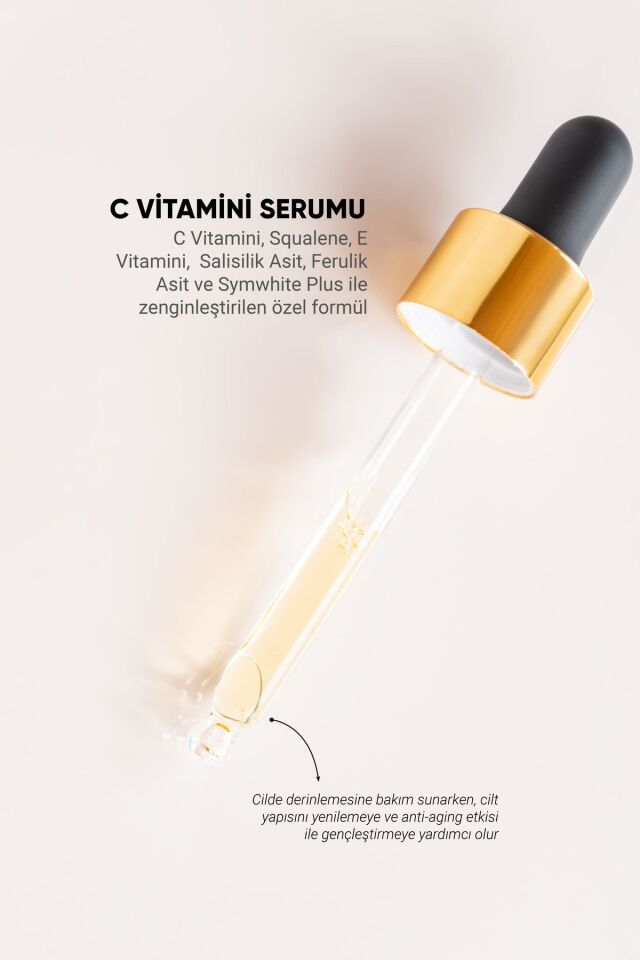 Kırışıklık Karşıtı C Vitamini Serum C VİT %10, SQUALENE, E VİT, SALİSİLİK ASİT, FERULİK ASİT %0,50