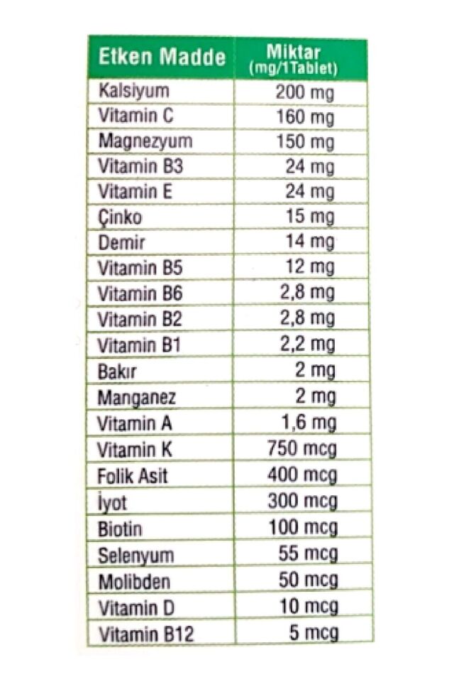 Multivitamin Mineral 30 Tablet (KALSİYUM MAGNEZYUM ÇİNKO DEMİR VB.)