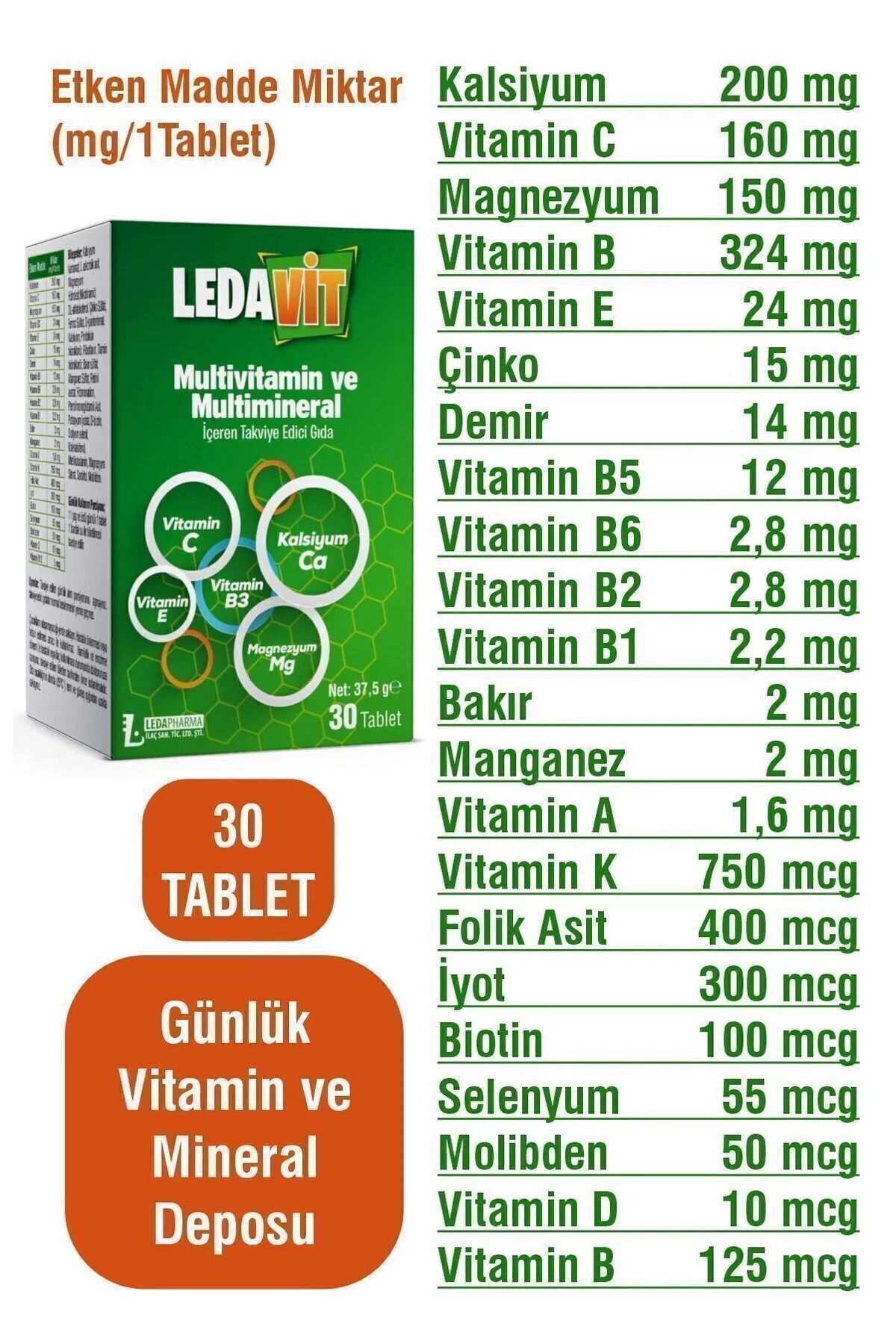 Multivitamin Mineral 30 Tablet (KALSİYUM MAGNEZYUM ÇİNKO DEMİR VB.)