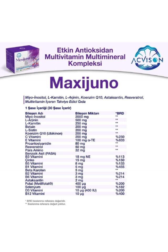 Maxijuno Kadınlara Özel Miyo-inositol L-arjinin L-karnitin Koenzim Q10 Içeren Multivitamin 30 Saşe