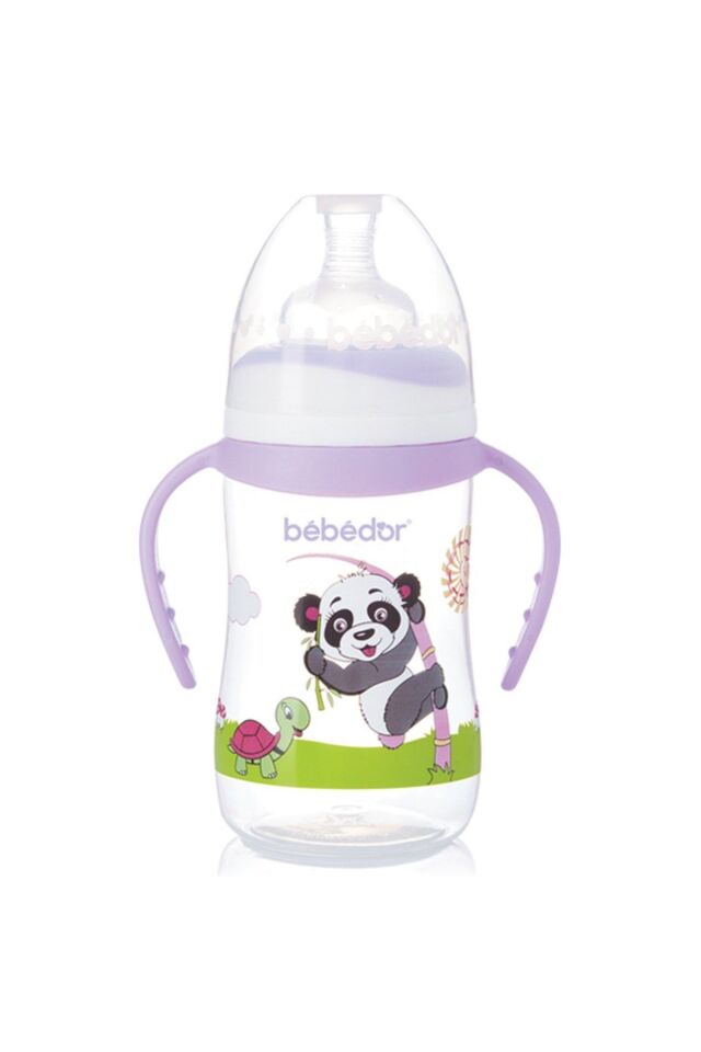 Desenli Geniş Ağız Kulplu Biberon 250 ml Mor