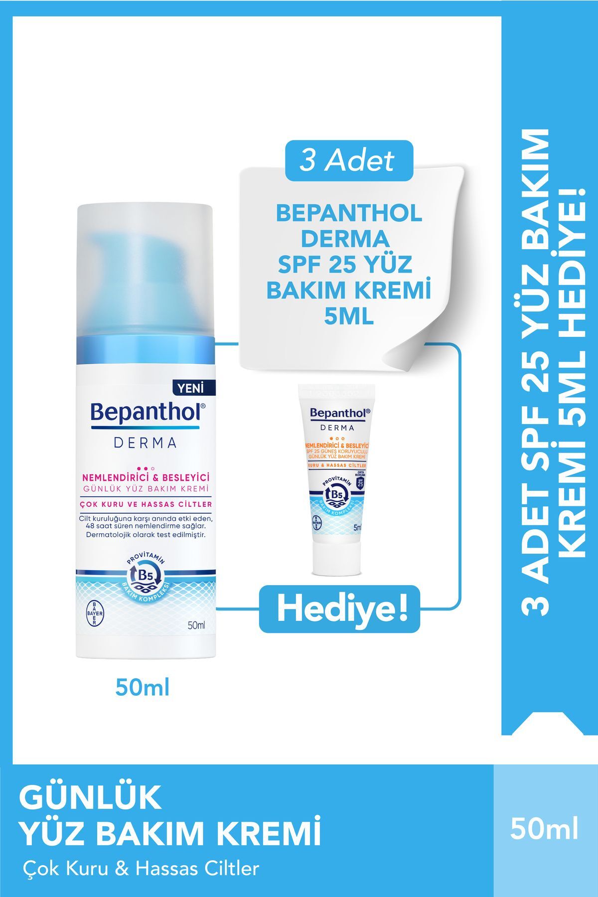 Derma Günlük Yüz Bakım Kremi 3 Adet Derma Spf 25 Yüz Bakım Kremi 5ml Hediyeli