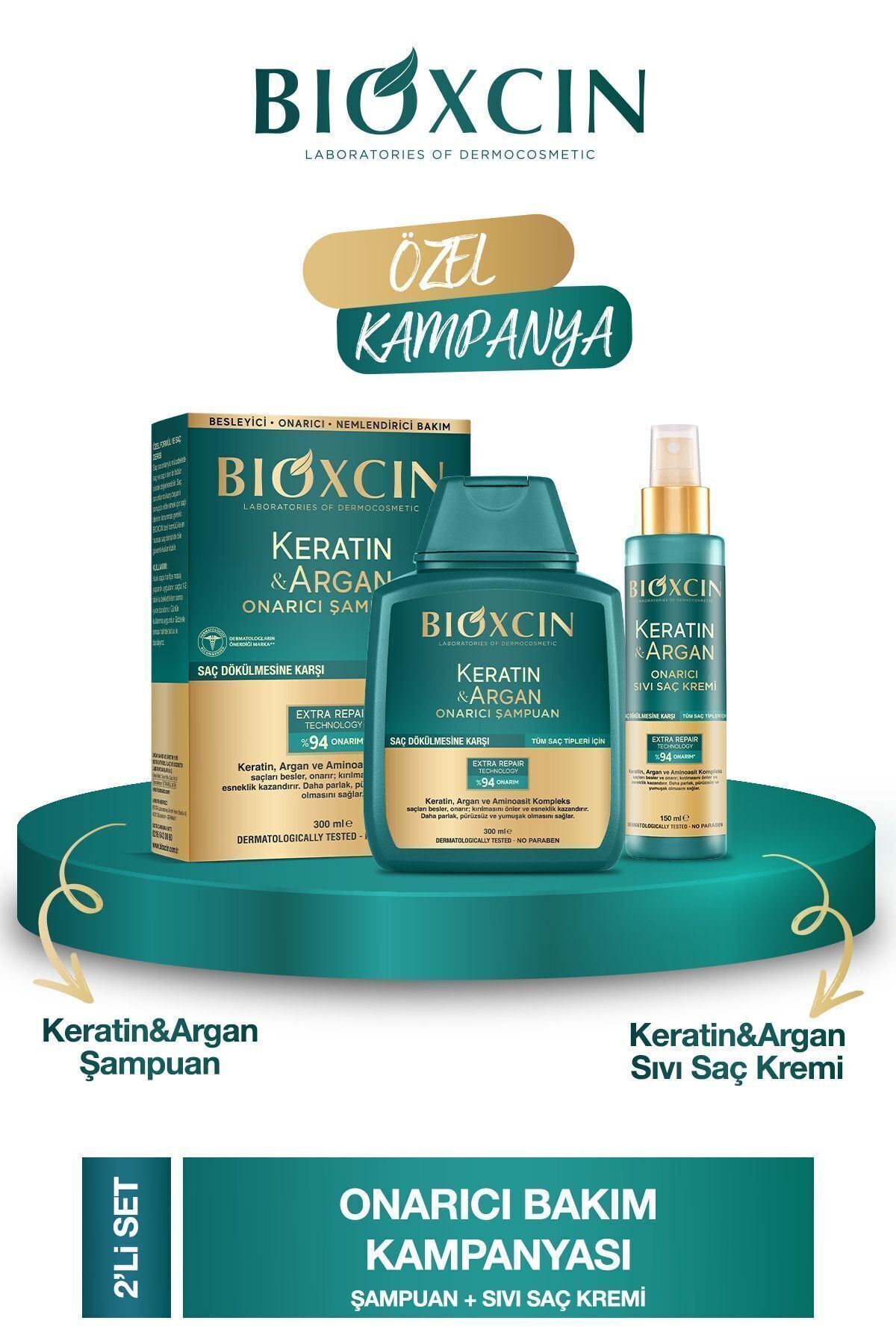 Keratin & Argan Onarıcı Şampuan 300ml + Kertin Argan Sıvı Saç Bakım Kremi