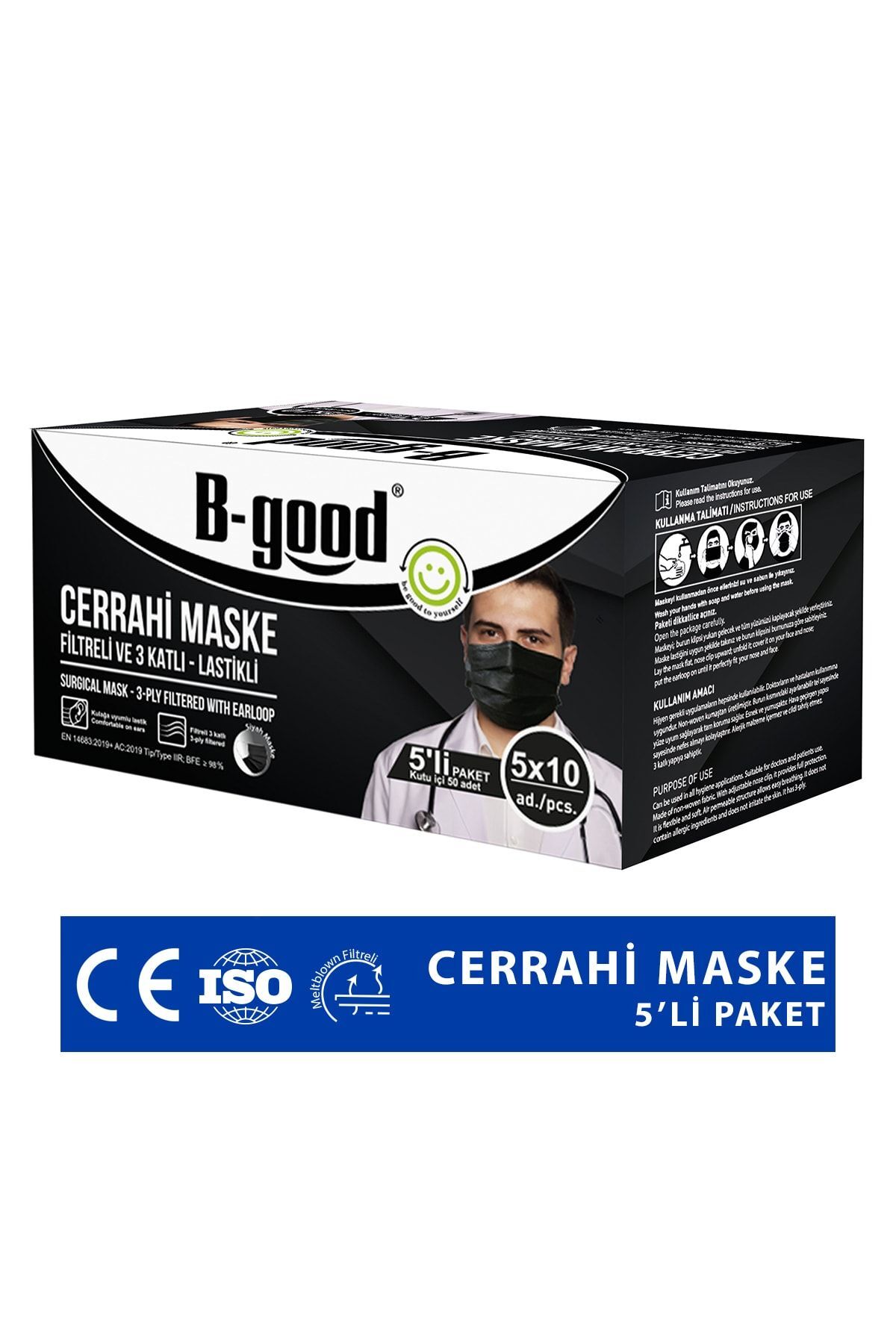 Siyah Renk Cerrahi Maske Lastikli Filtreli 3 Katlı 50'li