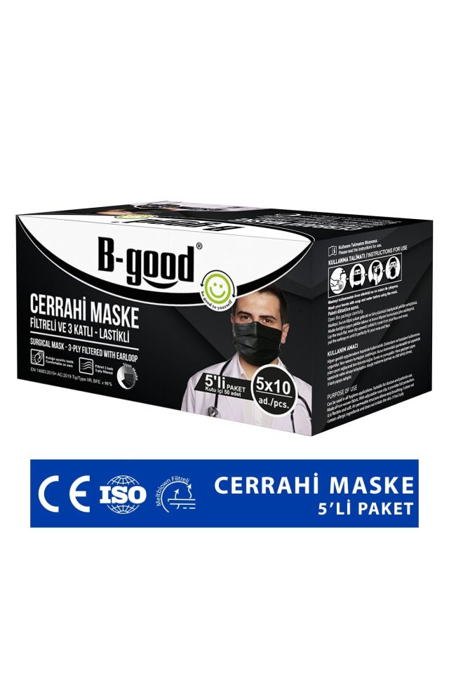 Siyah Renk Cerrahi Maske Lastikli Filtreli 3 Katlı 50'li