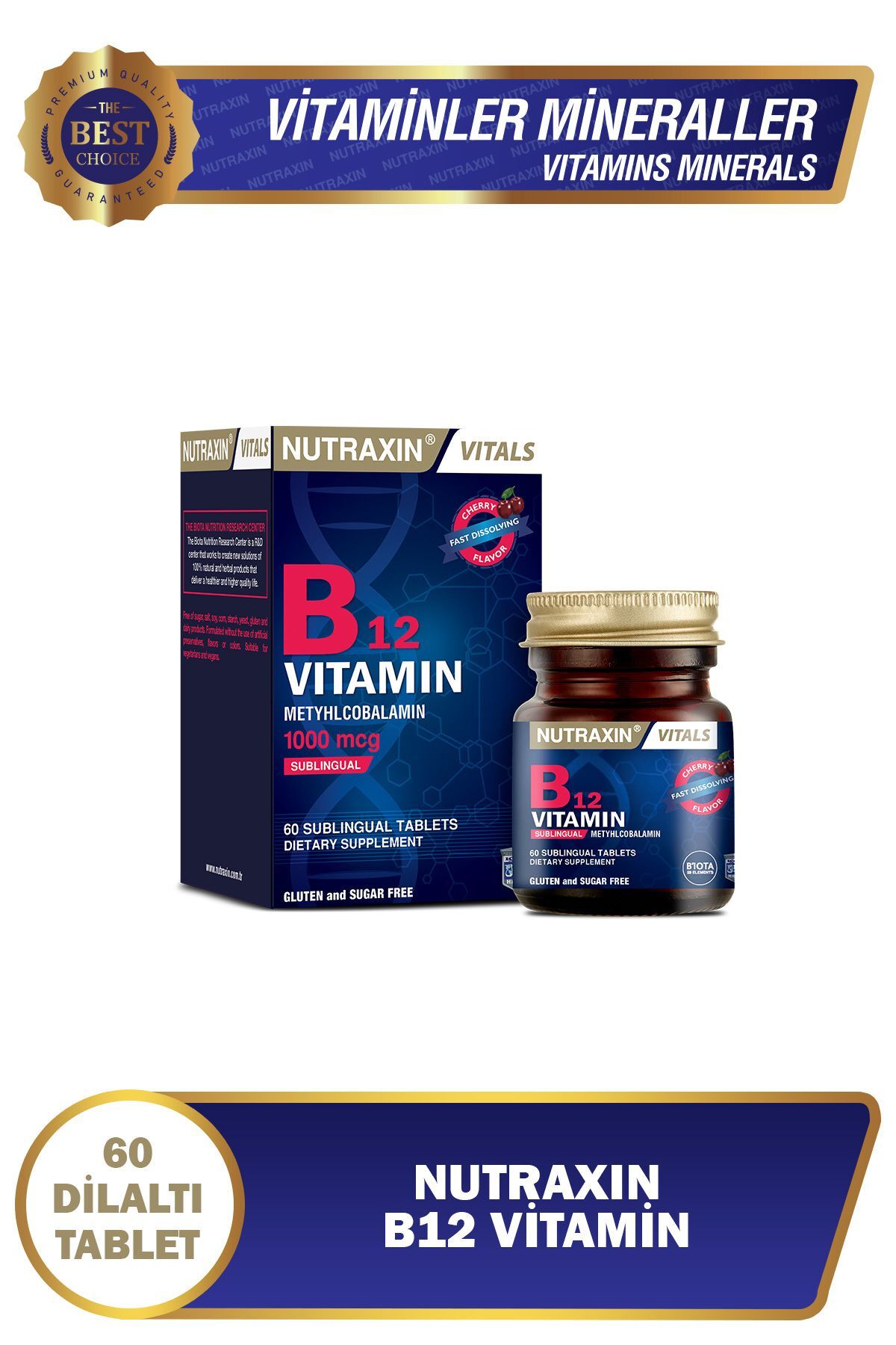 B12 Vitamini 1000mcg Kiraz Aromalı Takviye Edici Gıda 60 Dil Altı Tablet