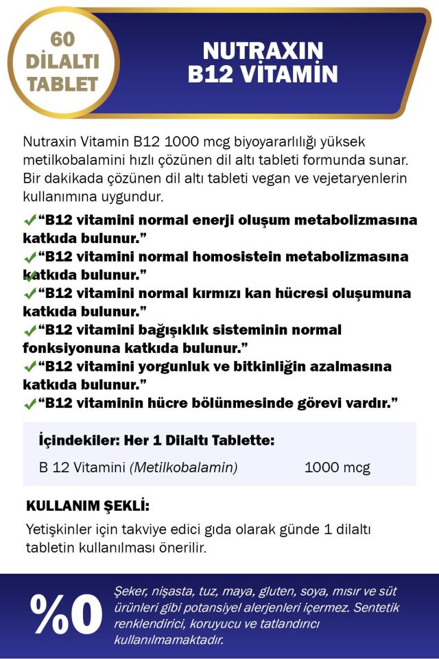 B12 Vitamini 1000mcg Kiraz Aromalı Takviye Edici Gıda 60 Dil Altı Tablet