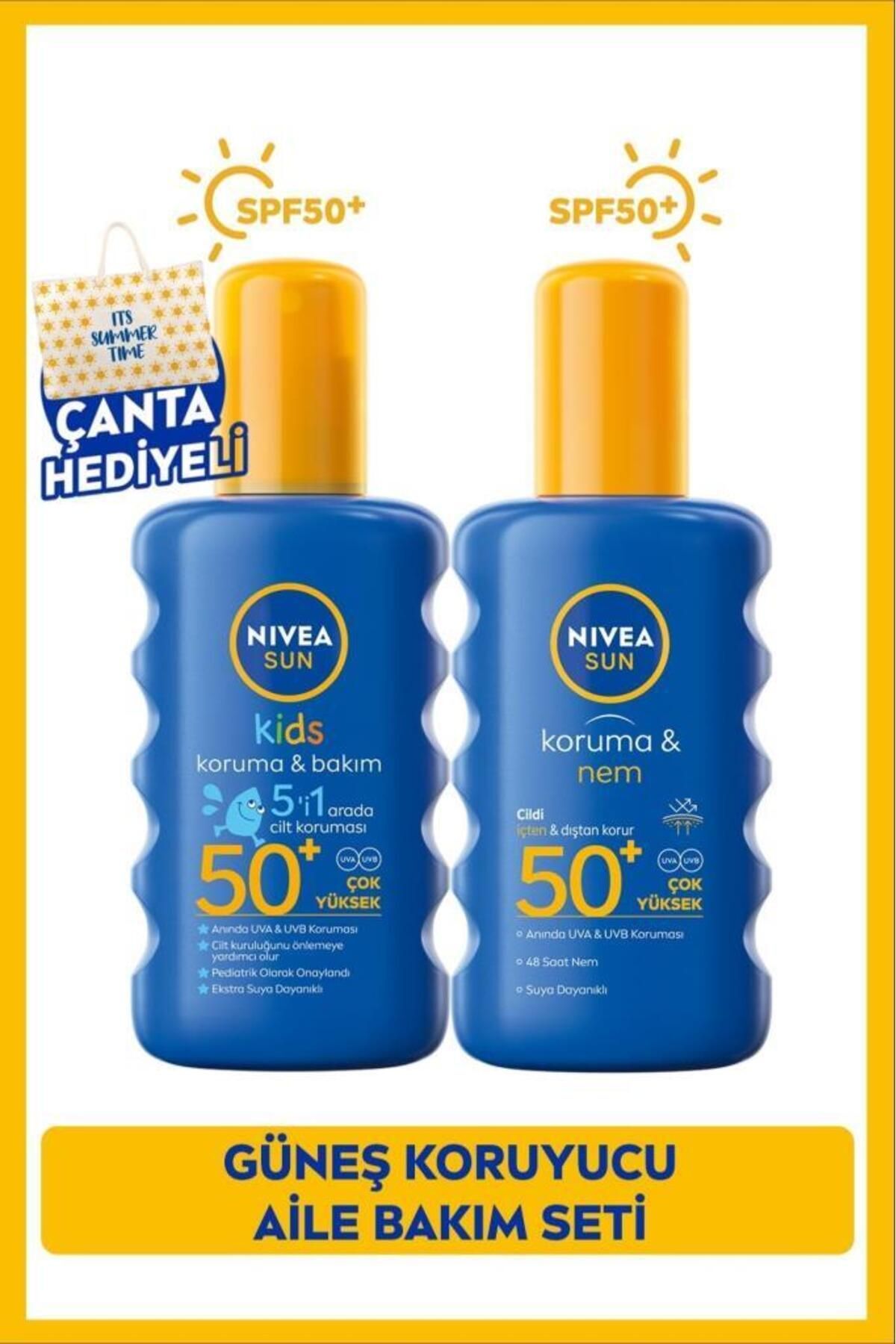 SUN SPF50 Güneş Koruyucu Vücut Spreyi 200ml ve Çocuklar İçin Hassas Koruyucu Sprey 200ml,ÇantaHediye