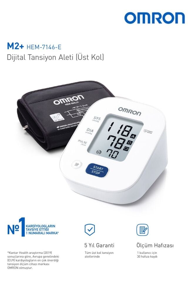 M2+ 30 Ölçüm Hafızalı Geniş Manşetli Üst Koldan Ölçer Dijital Tansiyon Aleti HEM-7146-E