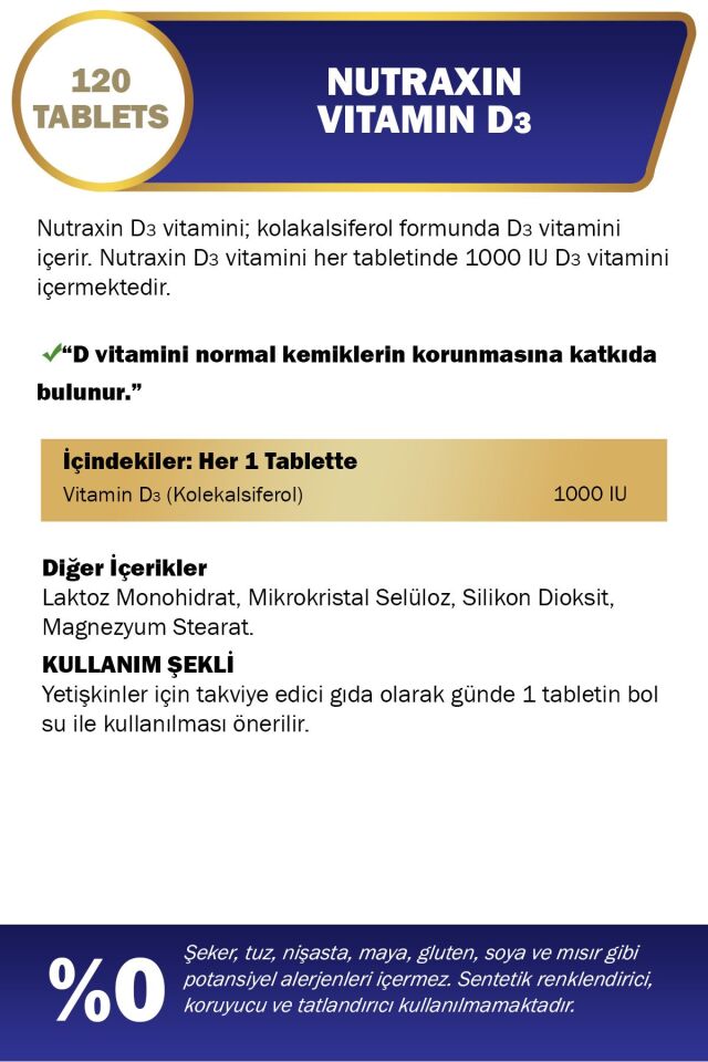 Vitals D3 Vitamini 1000uı(25MCG) Içeren Takviye Edici Gıda 120 Tablet