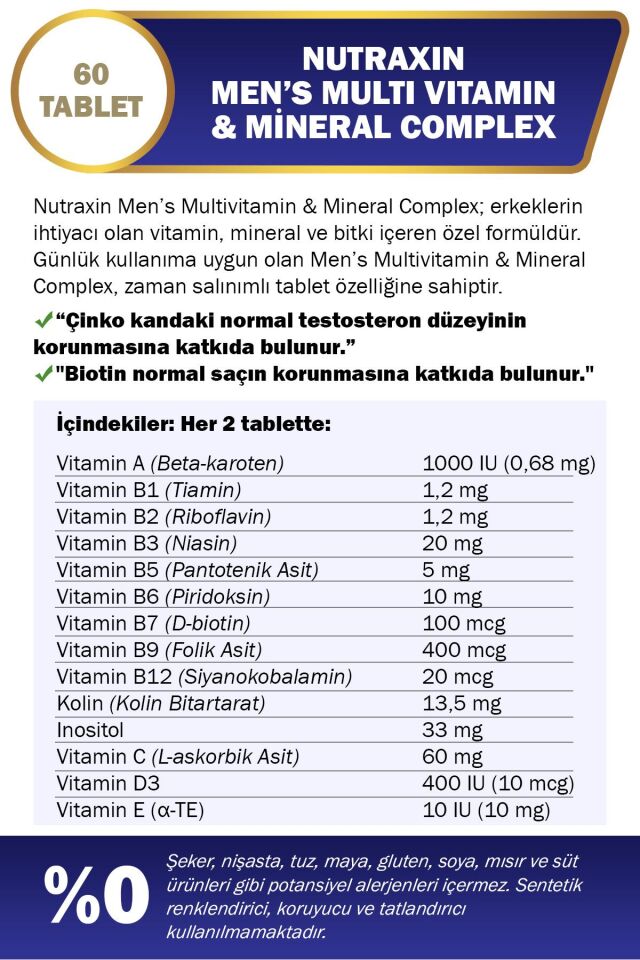 Men's Multi Vitamin Ve Mineraller Içeren Complex Takviye Gıda 60 Tablet