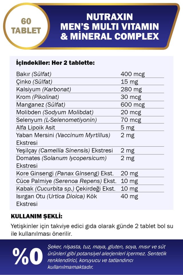 Men's Multi Vitamin Ve Mineraller Içeren Complex Takviye Gıda 60 Tablet
