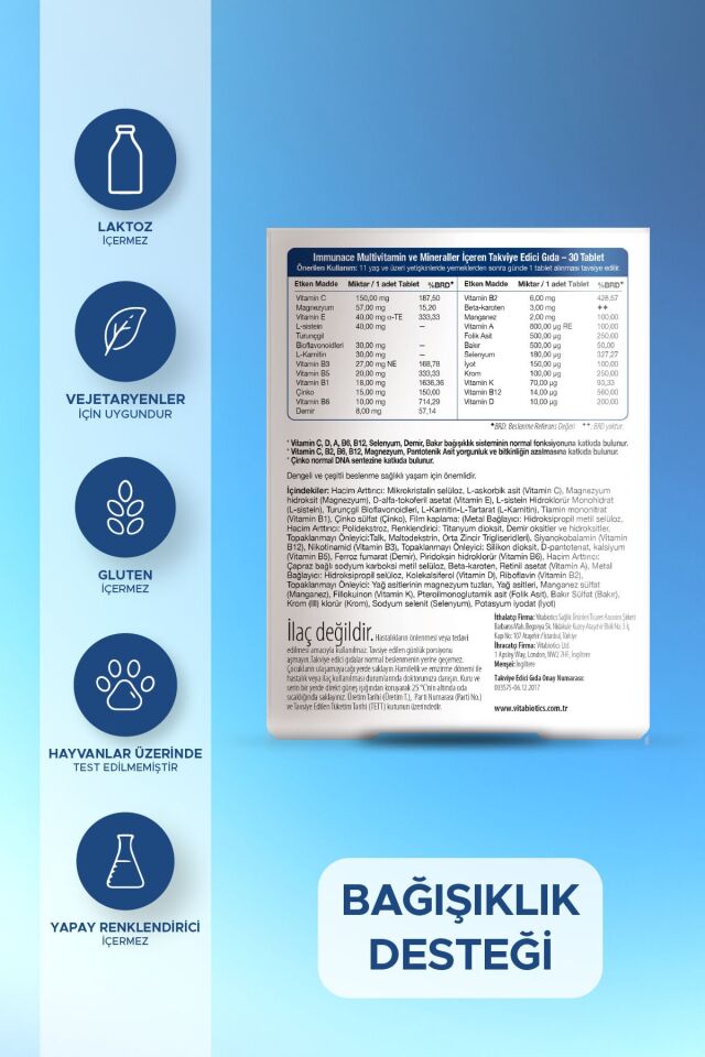 Demir, Çinko,Selenyum, Magnezyum, D Vitamini İçeren Bağışıklık Destek Vitamini 30 Tablet