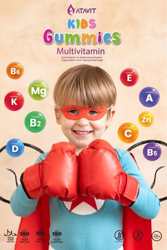 Multivitamin A,C,E,D3,B3.B5.B6.B12.Biotin,İyot Gummıes Kids