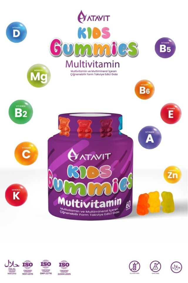 Multivitamin A,C,E,D3,B3.B5.B6.B12.Biotin,İyot Gummıes Kids
