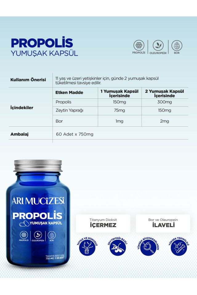 Propolis, Oleuropein Ve Bor Içeren Takviye Edici Gıda (60 Yumuşak Kapsül X 750mg).