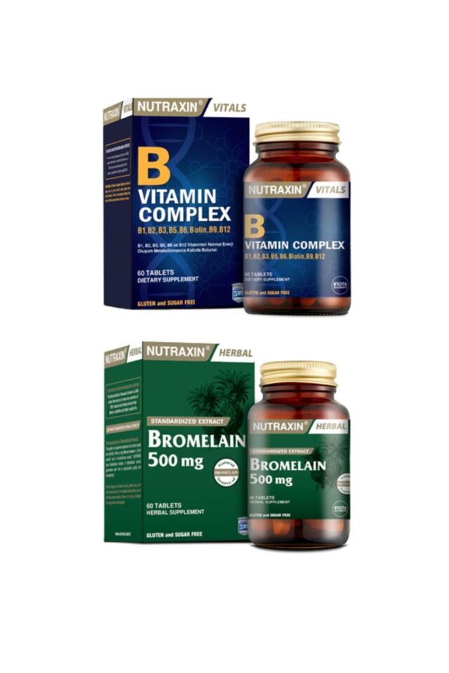 B1, B2, B3, B5, B6, B12 Içeren B Vitamin Complex 60 Tablet + Bromelain Ananas 60 Kapsül