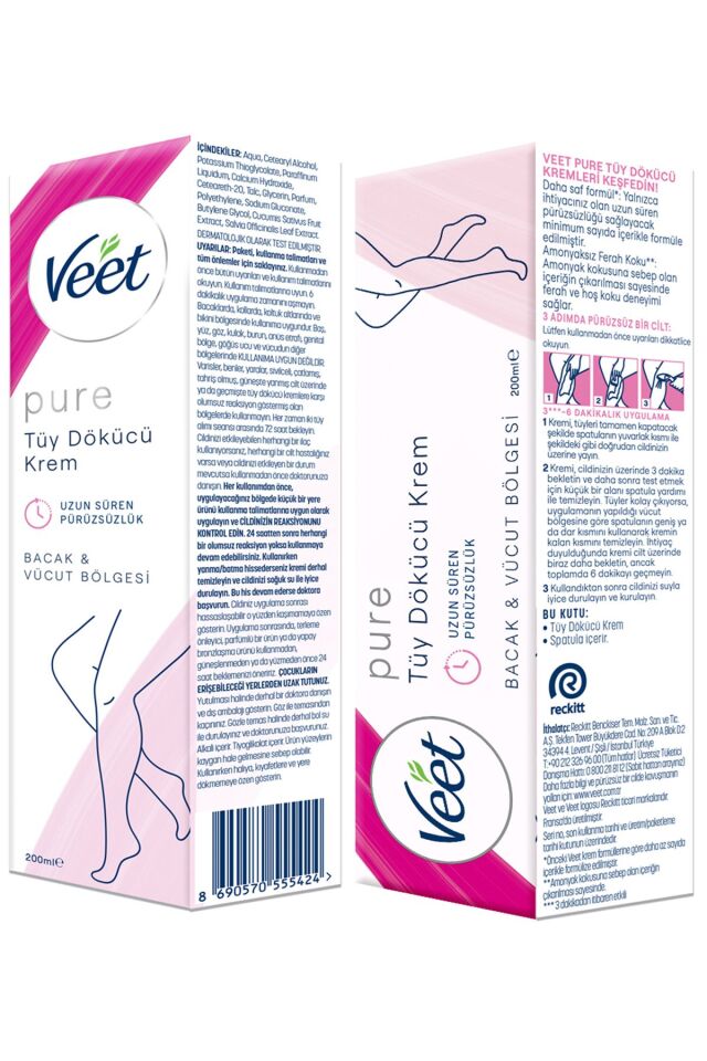 Pure Tüy Dökücü Krem Bacak & Vücut Bölgesi Normal Ciltler için 200ml x 2 Adet, Amonyaksız Ferah Koku
