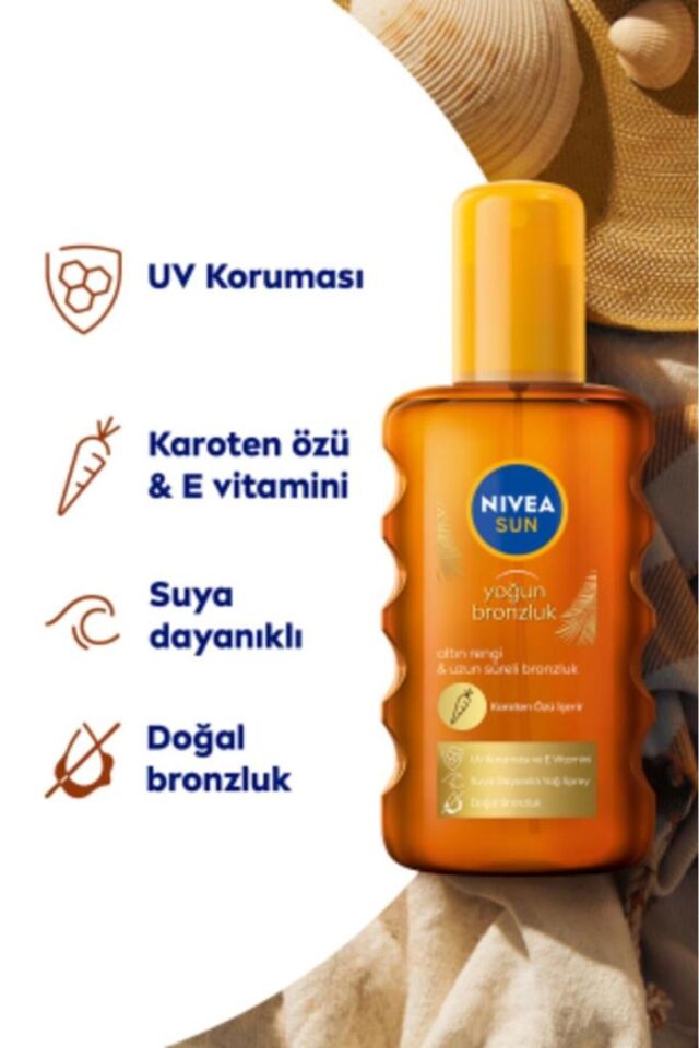 Sun Karoten Özlü Yoğun Bronzlaştırıcı Güneş Yağ Sprey 200ml, E Vitamini, Uva Koruması, Doğal Bronzlu