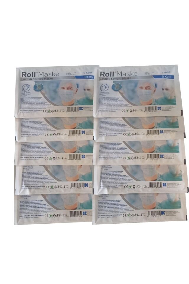 Maske 5'li Paket Cerrahi 3 Katlı Lastikli Maske 10 Paket - 50 Adet