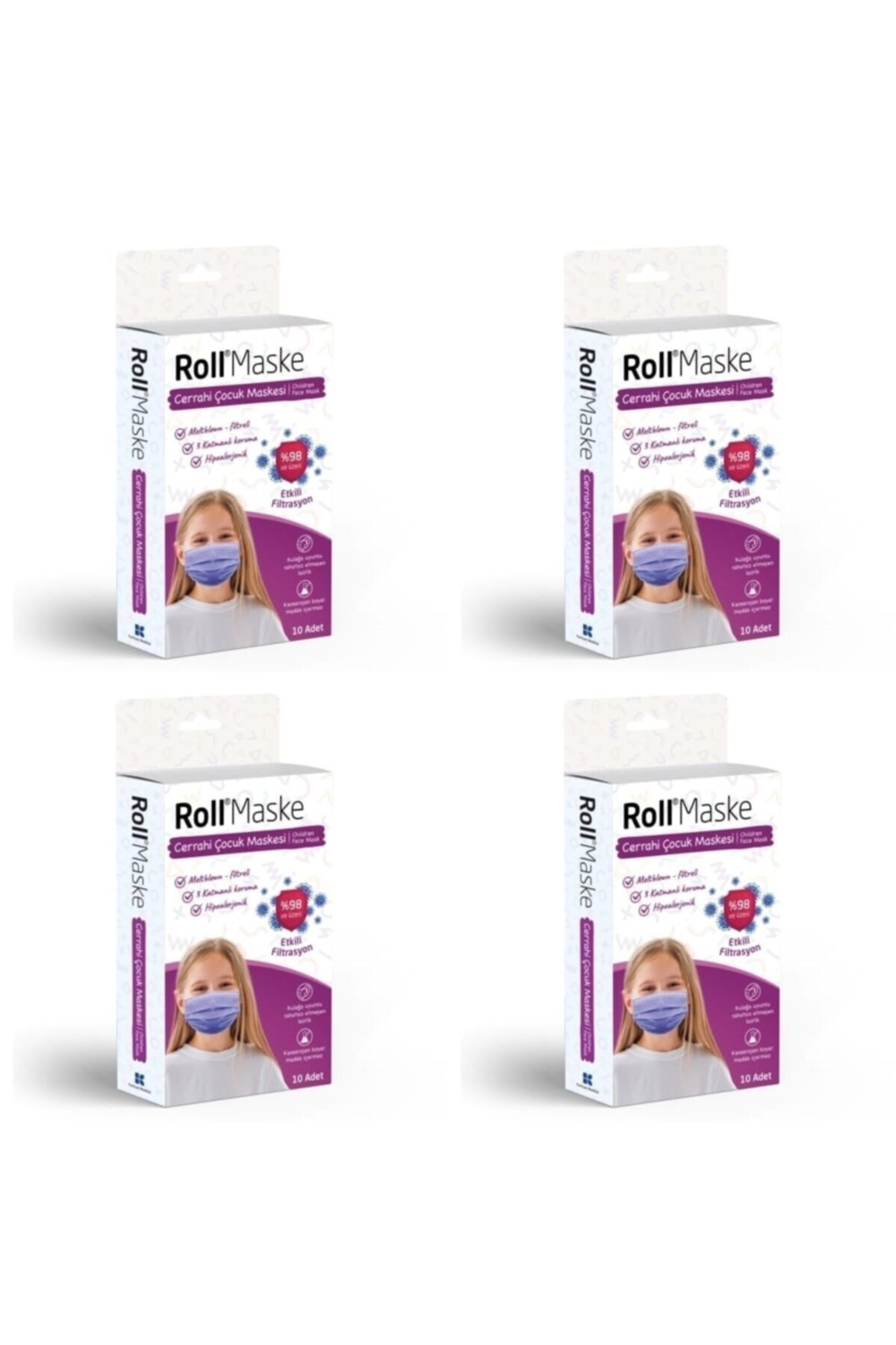 3 Katlı Kız Çocuk Mor Cerrahi Maske Telli 10'lu 4 Kutu