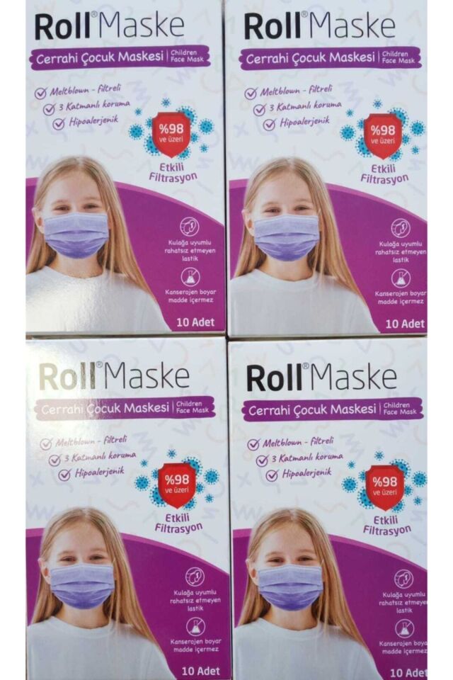3 Katlı Kız Çocuk Mor Cerrahi Maske Telli 10'lu 4 Kutu