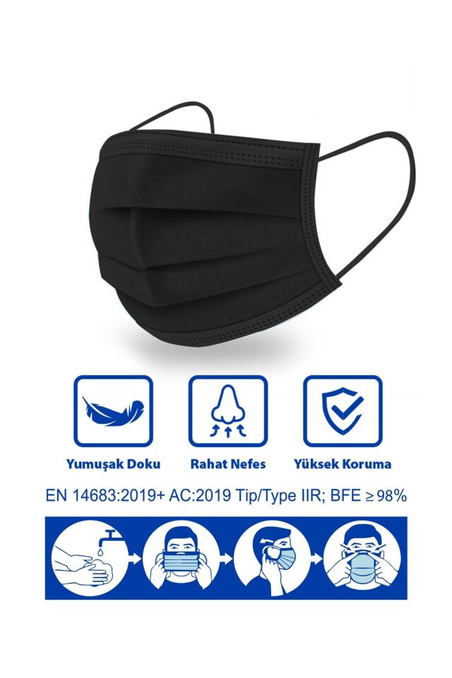 3 Katlı Lastikli Siyah Cerrahi Maske Telli 50'li