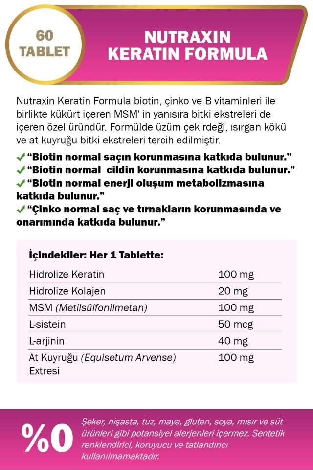 Keratin Formula Hair Nails Skin Takviye Edici Gıda 60 Tablet
