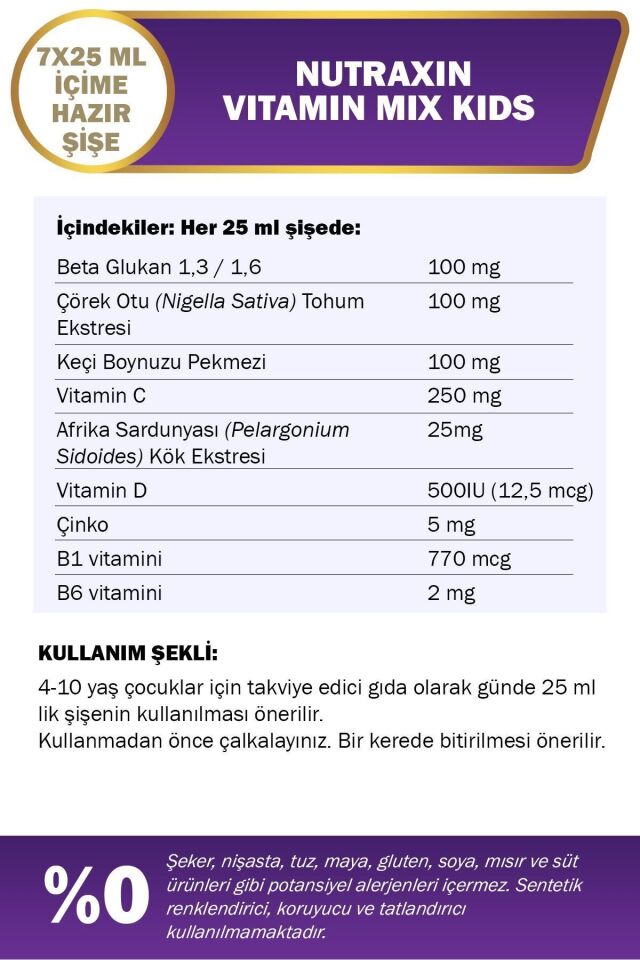 Vitamin Mix For Kids 7x25 ml - Çocuk Vitamini Beta Glukan Vitamin C Çörek Otu Keçi Boynuzu