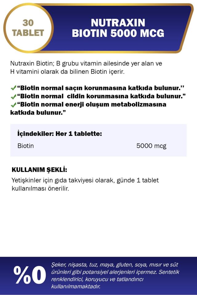 Biotin 5000 Mcg 30 Tablet Saç Vitamini-