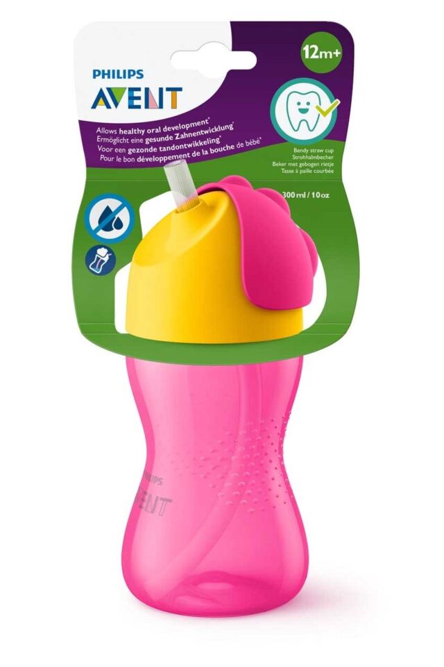 Yeni Model Desenli 300 Ml(10 Oz) Pipetli Damlatmaz Pembe Bardak 12 Ay+ (bendy Straw Cup)