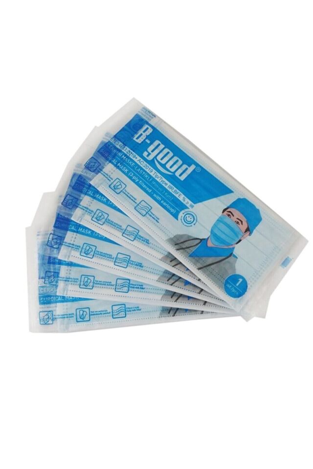 2 Kutu Filtreli 3 Katlı Lastikli B-good Cerrahi Maske ( 100 adet Tek Tek Ambalajlı)