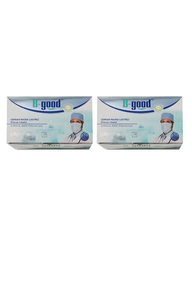2 Kutu Filtreli 3 Katlı Lastikli B-good Cerrahi Maske ( 100 adet Tek Tek Ambalajlı)