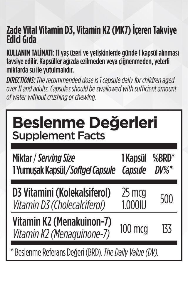 D3 + K2 Vitamini Içeren Takviye Edici Gıda 30 Yumuşak Kapsül