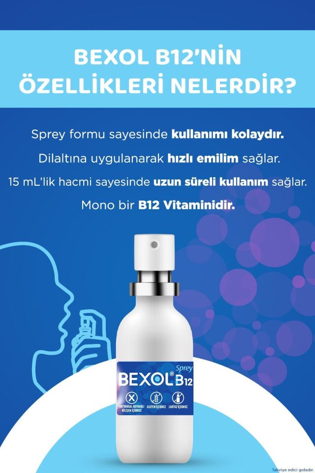 B12 Dilaltı Sprey, 15 ml B12 Vitamini Içeren Takviye Edici Gıda 8699546650088