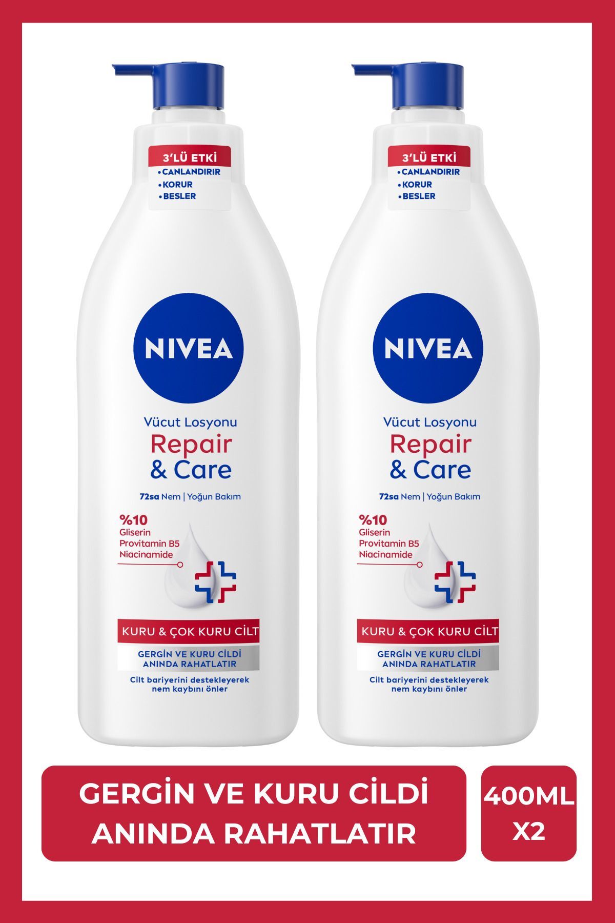 Repair&Care Derinlemesine Nemlendirici Vücut Losyonu 400ml, Gergin Cilt Rahatlatır, Kuru Cilt,X2Adet