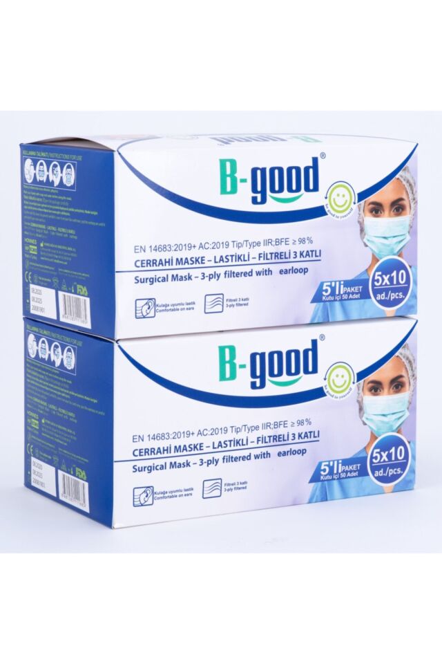 Cerrahi Maske 3katlı (50) Adet Burun Telli 5'erli Paket, 100 Adet 2'li Set (ANKİRA)