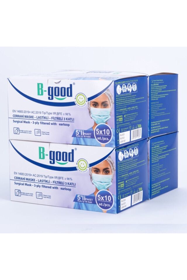 Cerrahi Maske 3 Katlı (200) Adet Burun Telli 5'erli Paket, 4'lü Set